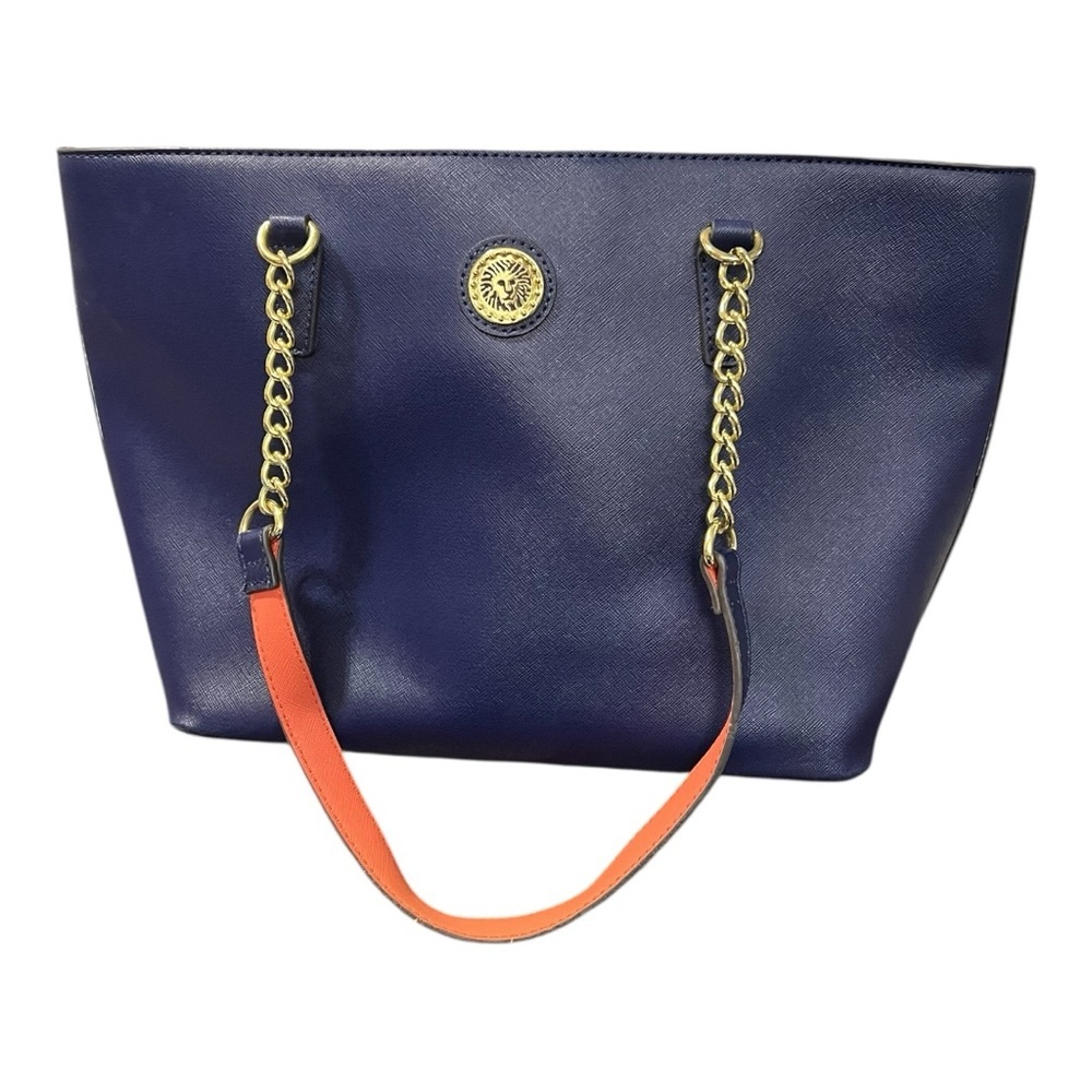 Anne Klein dark blue faux leather tote bag purse with a gold chain strap detail - Picture 5 of 10